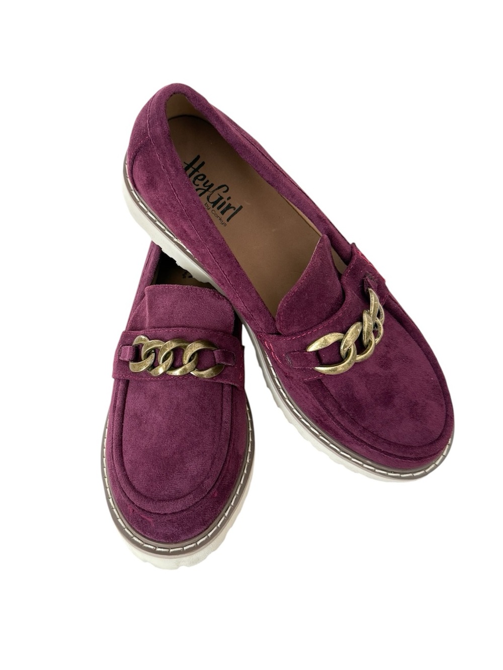 NWOB Hey Girl By Korkys Literally Wine Faux Suede Lug Sole Loafer Chain Detail
8